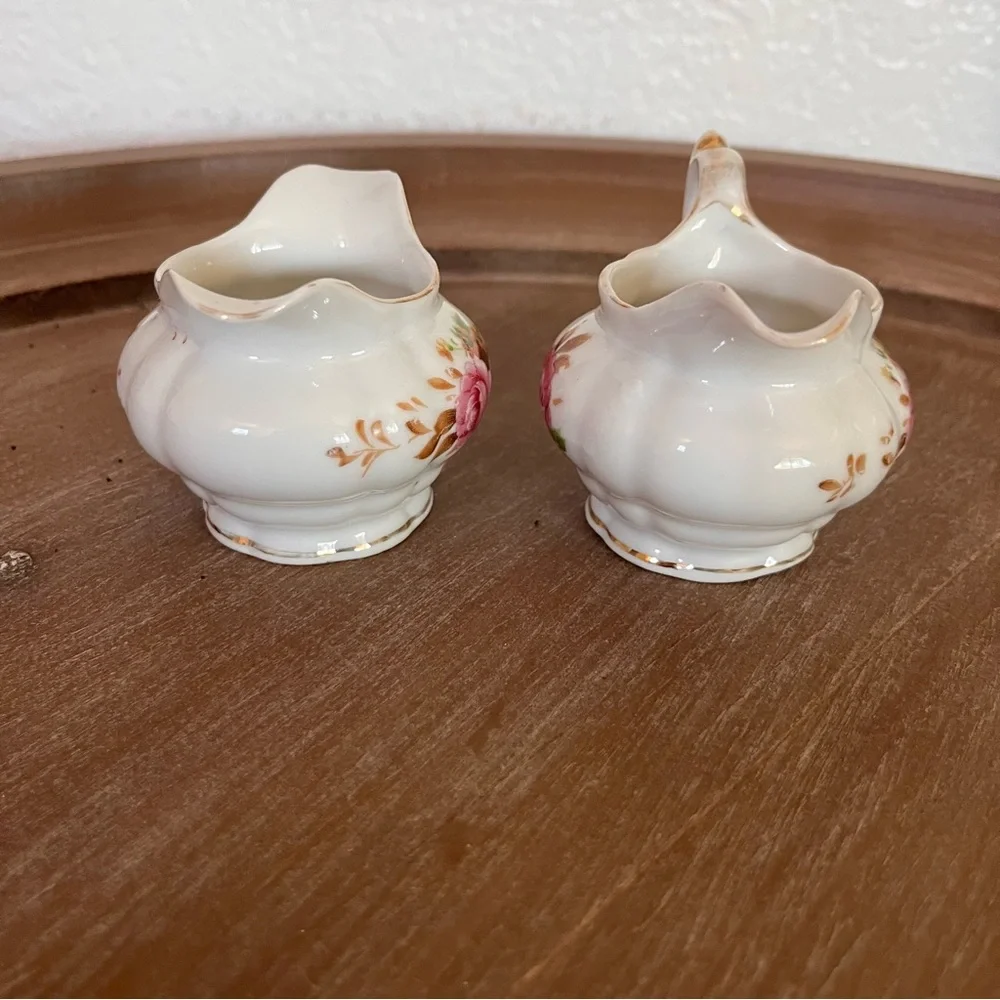 Individual Floral Cream and Sugar Set with Pink Roses Saji Japan Fancy China